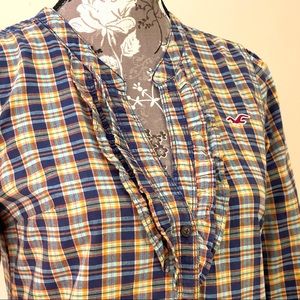 HOLLISTER Girls Blouse blue orange plaid long sleeve ruffle